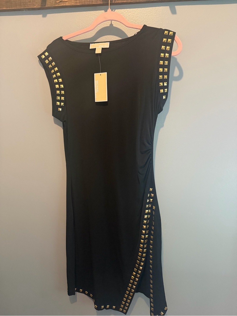 Michael Kors Black Midi Dress with Gold Stud Trim